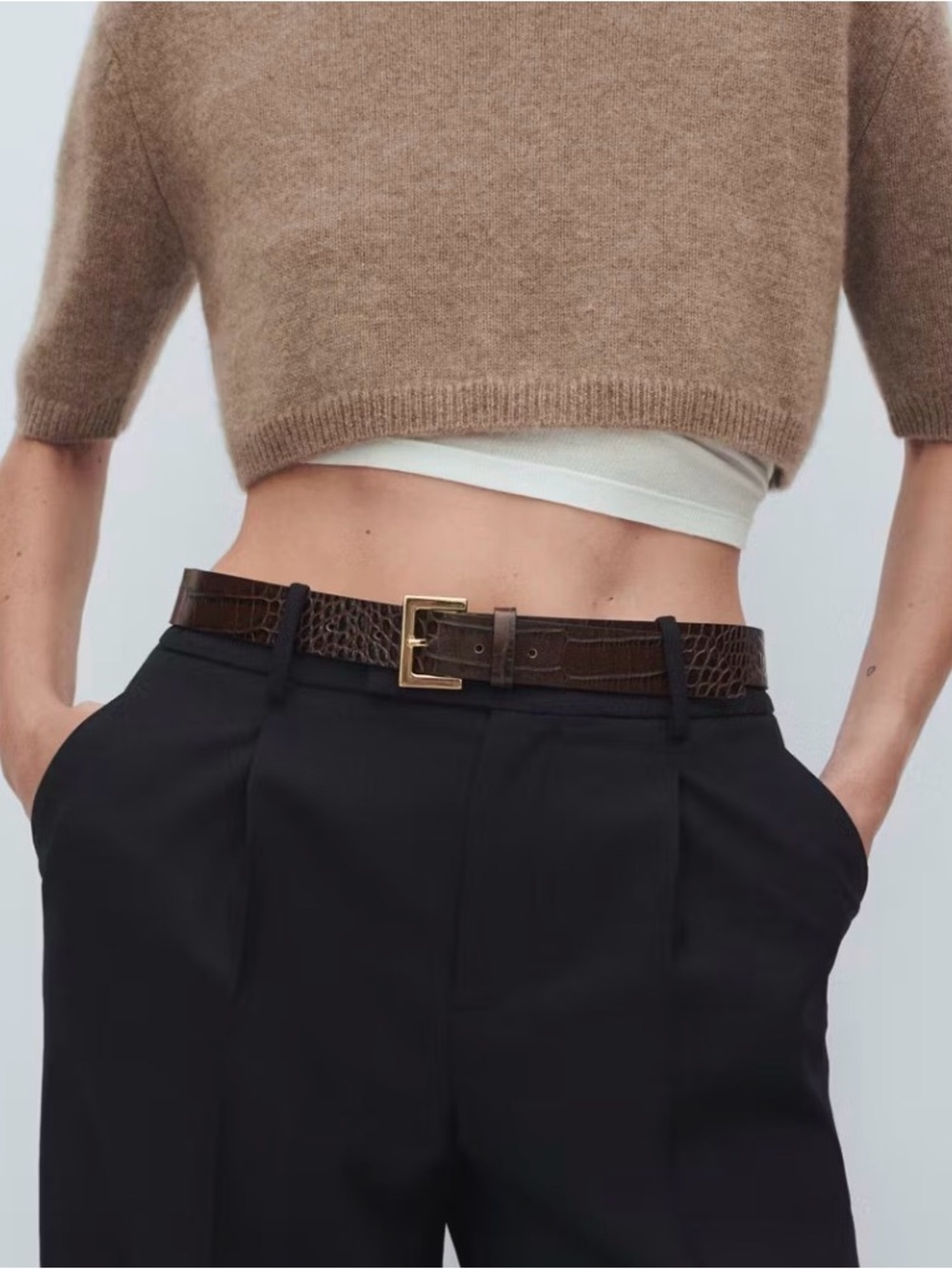Brown Croc-Embossed Leather Belt with Gold Buckle